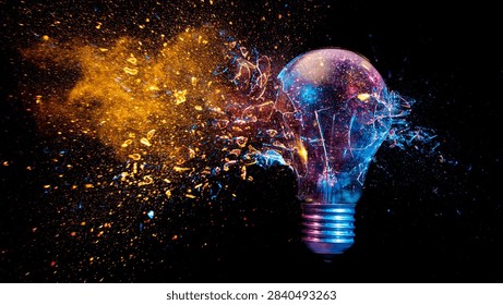 Exploding Glowing Light Bulb with Colorful Powder Splash on Dark Background
