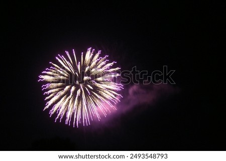 Exploding purple and white firework with smoke trail