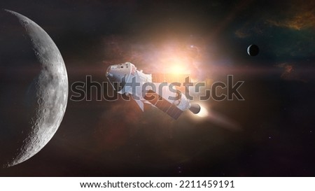 Exploration mission of Orion spacecraft. Pushing farther into deep Space. Elements of this image furnished by NASA.