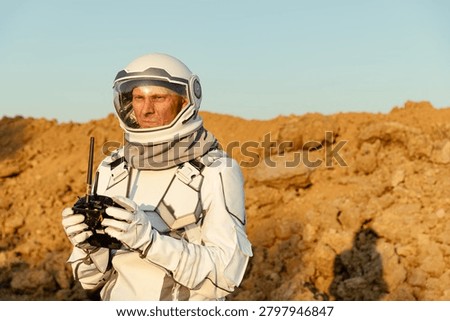 Exploration on the surface of Mars during a mission by an astronaut in a spacesuit