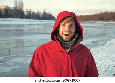 Exploration of polar regions. Man warm jacket clear solid ice background. Winter destinations. Safety measures. Polar explorer. Winter menswear. Winter outfit. Ice fishing is winter tradition - Powered by Shutterstock