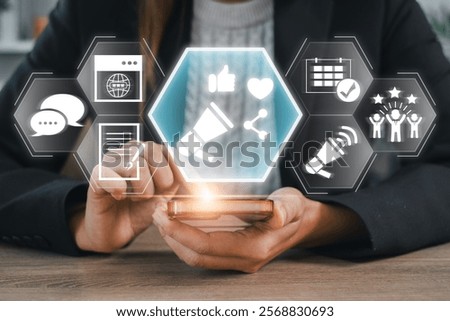 Explore the digital public relations concept with social media icons and smartphone interaction, showcasing modern communication strategies.
