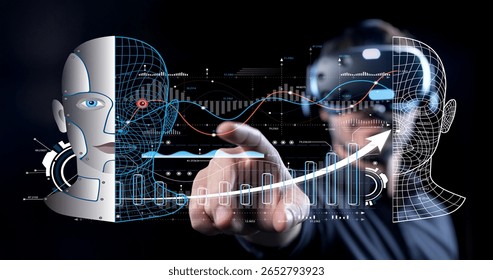 Explore the dynamic interaction between humans and artificial intelligence through a futuristic technology interface that showcases virtual reality and innovative data visualization. - Powered by Shutterstock - Get 15% off with code: PIKWIZARD15