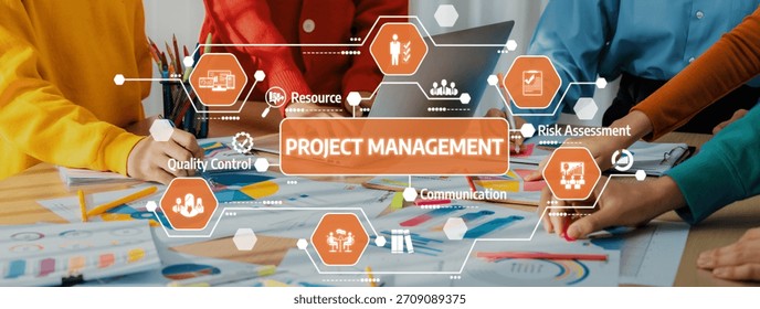 Explore effective project management techniques showcased in a colorful workspace, highlighting teamwork, communication, and key strategies for resource and risk assessment. Amity