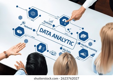Explore the essentials of data analytics with diagrams illustrating key concepts such as machine learning, big data, and performance metrics in a collaborative business setting. Amity