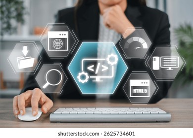 Explore a futuristic web development concept showcasing digital interfaces, coding symbols, and technology elements for modern solutions.