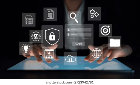 Explore a modern digital interface showcasing various technology icons, focusing on AI, data security, and user interaction for innovative experiences. Gantry
