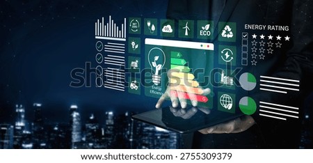 Explore a modern digital technology scene showcasing energy efficiency metrics on a tablet in a vibrant smart city, highlighting sustainable solutions and data analysis. Ledger