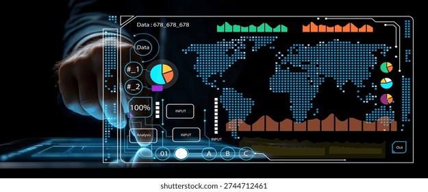 Explore a modern interactive digital dashboard showcasing key data metrics and analytics with a world map representation, ideal for business insights and strategic decisions. - Powered by Shutterstock - Get 15% off with code: PIKWIZARD15