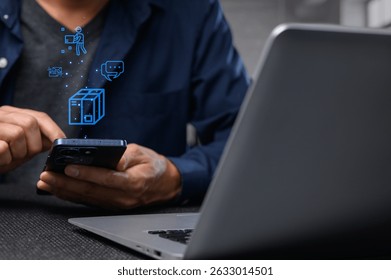 Explore a modern logistics system for import and export. A professional uses a smartphone to manage goods, emphasizing technology in transportation and efficiency.