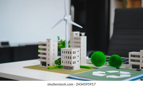 Explore a sustainable urban landscape with a clean energy focus. Discover eco-friendly buildings, net-zero initiatives, recycling symbols, and a green cityscape promoting a cleaner, greener future. - Powered by Shutterstock