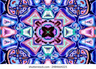 Explore the vibrant world of this psychedelic Aztec-Mayan inspired kaleidoscope. The intricate geometric patterns and rich, vivid colors create a captivating and hypnotic visual journey - Powered by Shutterstock