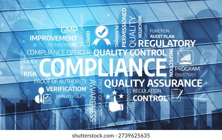 Explore a visual representation of compliance and quality control concepts featuring regulatory terms, designed to enhance business improvement and governance strategies. Tessel