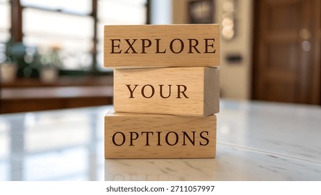 Explore your options concept on wooden blocks stacked on a table, suggesting possibilities and choices for the future