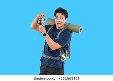 An explorer capturing photos using a camera on blue background	
