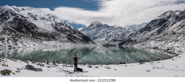 explorer man with backpack looking away to snow mountain view and crystal pool lake at mt.cook valley in New Zealand. successful traveler enjoy the view after long trekking hike.