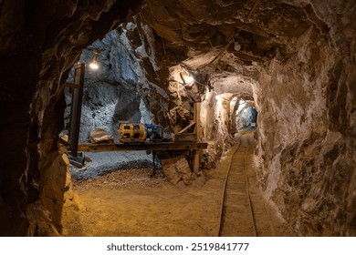 Exploring an abandoned underground mine in the mountains with machinery and tracks