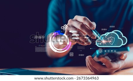 Exploring AI-driven technology, cloud security, data flow innovation in mobile-first digital world. Perfect for concepts in cybersecurity, artificial intelligence, digital infrastructure evolution