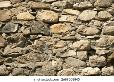 Exploring an ancient stone wall constructed with varying rock types in a rustic outdoor setting