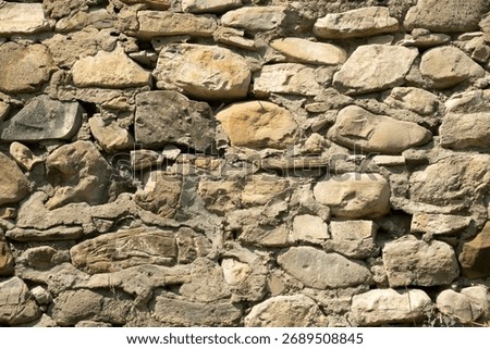 Exploring an ancient stone wall constructed with varying rock types in a rustic outdoor setting