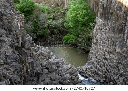 Exploring basalt prisms at a river in Hidalgo Mexico surrounded by green trees