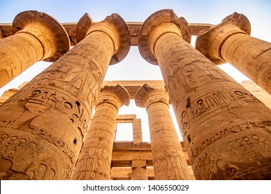 EXPLORING EGYPT - KARNAK TEMPLE - Massive columns inside beautiful Egyptian landmark with hieroglyphics, and ancient symbols. Famous arab landmark in the world near Nile River, Cairo and Luxor, Egypt - Shutterstock ID 1406550029
