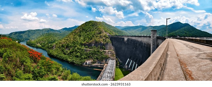 Exploring engineering mountain dam construction, nature's splendor, panoramic view