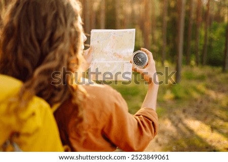 Exploring the forest with a map and compass during a sunny afternoon in a tranquil wooded area. Travel. Hiking.