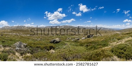 Exploring the Main Range Walk at Mount Kosciuszko with stunning views of the alpine landscape with green hills and stony rocks, Australia