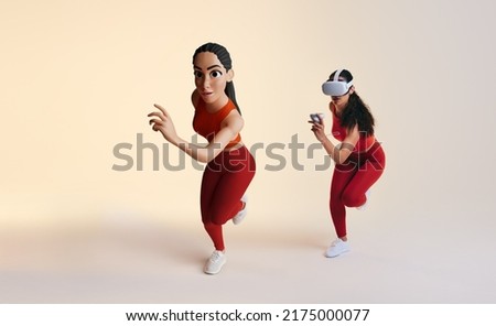 Exploring metaverse fitness. Sporty young woman playing a virtual reality fitness game as a 3D avatar. Athletic young woman running with virtual reality goggles and controllers.