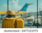 Exploring New Horizons. Yellow Travel Suitcase at The Airport with Straw Hat, Start Travel journey
