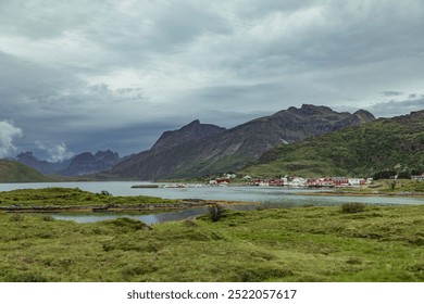 Exploring the Scenic Coastal Landscape of Fredvang in Lofoten Islands, Norway on a Cloudy Day - Powered by Shutterstock