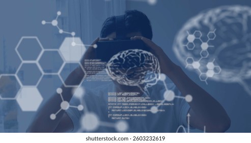 Exploring virtual reality, person using VR headset with digital brain graphics overlay. Technology, innovation, augmented reality, neuroscience, cyber, simulation