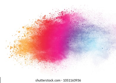 Explosion of colored powder. Beautiful rainbow color powder fly away. The cloud of glowing color powder on white background - Shutterstock ID 1051163936