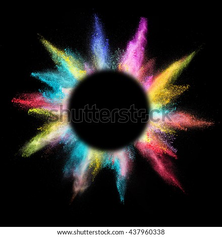 Explosion of colored powder with empty space for text, isolated on black background