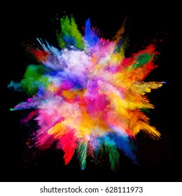 Explosion of colored powder, isolated on black background. Power and art concept, abstract blast of colors.