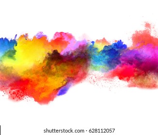 Explosion of colored powder, isolated on white background. Power and art concept, abstract blast of colors.
