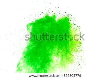 Explosion of colored powder, isolated on white background, green dust