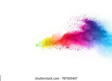 Explosion of colored powder on white background ,Freeze motion of color powder exploding/throwing color powder, multicolored glitter texture. - Shutterstock ID 787505407
