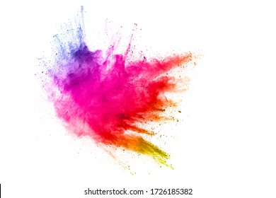 Explosion Of Colorful Dust Particles On White Background.Abstract Pastel Color Powder Overlay Texture.