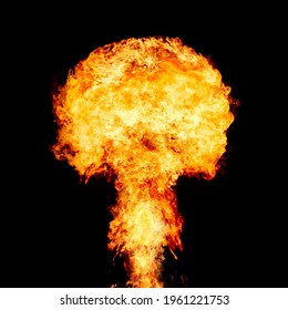 Explosion - fire mushroom. Mushroom cloud fireball from an explosion at night. Nuclear explosion. Symbol of environmental protection and the dangers of nuclear energy.