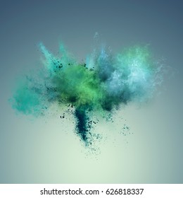 Explosion Of Green And Blue Powder. Freeze Motion Of Color Powder Exploding. Illustration