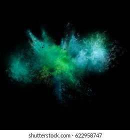 Explosion Of Green And Blue Powder On Black Background. Freeze Motion Of Color Powder Exploding. Illustration