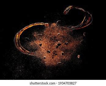 Explosion of ground coffee and roasted beans with espresso coffee splash on black background