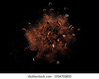 Explosion of ground coffee with roasted beans on black background