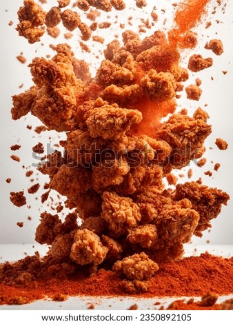 Explosion of hot and spicy fried chicken with red chili powder on a white background