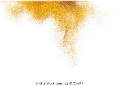 Explosion metallic gold glitter sparkle bokeh isolated white background decoration. Golden Glitter powder spark blink celebrate, blur foil part explode in air, fly throw gold glitters particle shape - Powered by Shutterstock - Get 15% off with code: PIKWIZARD15