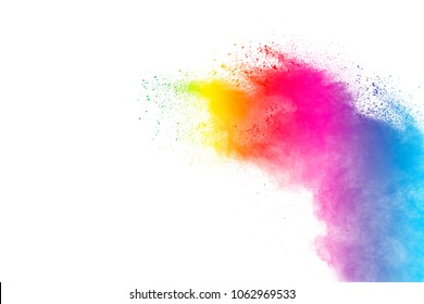 The explosion of multi colored powder. Beautiful rainbow color powder fly away. The cloud of glowing color powder on white background - Shutterstock ID 1062969533