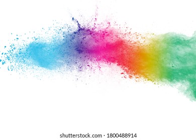 The explosion of multi colored powder. Beautiful rainbow color powder fly away. The cloud of glowing color powder on white background - Shutterstock ID 1800488914