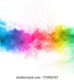 The explosion of multi colored powder. Beautiful rainbow color powder fly away. The cloud of glowing color powder on white background - Shutterstock ID 775903747